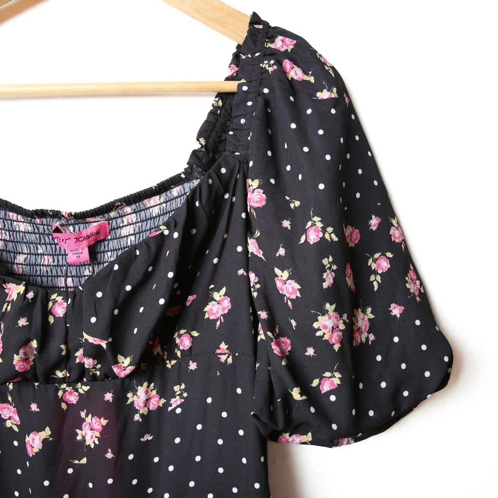 BETSEY JOHNSON Rosy Dots Floral Dress Flirty Feminine Size Medium NWT